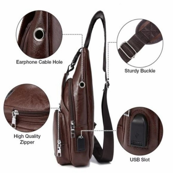 Men's Leather Sling Bag Messenger Bag Chest Crossbody Shoulder Bag Small - Picture 2 of 7